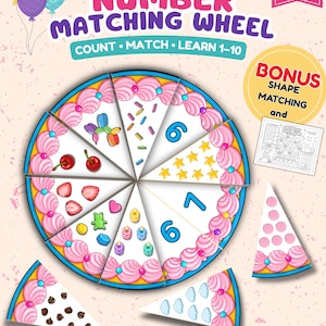 May include: A birthday cake number matching wheel educational game featuring triangular slices with numbers 1-10, colorful illustrations of cherries, strawberries, candles, and sprinkles, plus a bonus shape matching sheet for preschool learning.