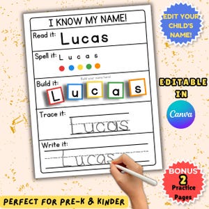 Puede incluir: Una hoja de trabajo educativa blanca titulada I KNOW MY NAME con secciones para leer, deletrear, construir, trazar y escribir el nombre Lucas. La página presenta bloques de letras coloridos, líneas punteadas para practicar la escritura y texto editable en Canva.