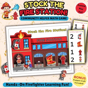 May include: A children's educational game titled "Stock the Fire Station!" features a red fire station illustration with firefighter figures, a Dalmatian, and fire equipment. The game includes supply cards and the text "Hands-On Firefighter Learning Fun!"