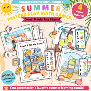 Puede incluir: Un colorido paquete de verano para preescolares con el texto "Summer Pretend Play Math Games!". Incluye juegos de helados, limonada y compras. El paquete ofrece actividades de conteo, emparejamiento y aprendizaje.