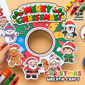 Puede incluir: Un kit de manualidades de corona de Navidad de papel con una rueda colorida que muestra iconos festivos como un muñeco de nieve, un hombre de jengibre, Santa Claus y un elfo. Arriba dice MERRY CHRISTMAS y abajo CHRISTMAS WREATH CRAFT.