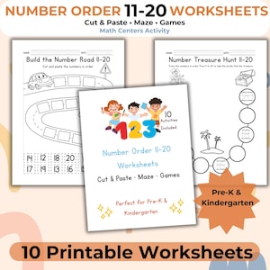 Puede incluir: Un conjunto de 10 hojas de trabajo imprimibles para preescolar y jardín de infancia. Las hojas de trabajo incluyen actividades de orden de números, laberintos y juegos. El título es "Number Order 11-20 Worksheets". Diseñado para centros de matemáticas.
