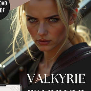 May include: A black and white illustration of a woman with wings holding a sword. The text reads "Warrior Training: Become a Valkyrie in 9 Weeks with a flirty Ilyrian Trainer. Workout e-book @Book Girl Workouts". The background is a dark gray with the text "VALKYRIE WARRIOR TRAINING 9 WEEKS WORKOUT PROGRAM" in white.