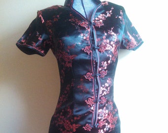 Vintage Oriental Dress / Vintage Silk Dress / 1980s does 50s Dress / Red and Black Dress