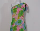 vintage 60s chiffon floral dress vintage one shoulder dress abstract floral dress Tropical vacation cruise dress chiffon dress