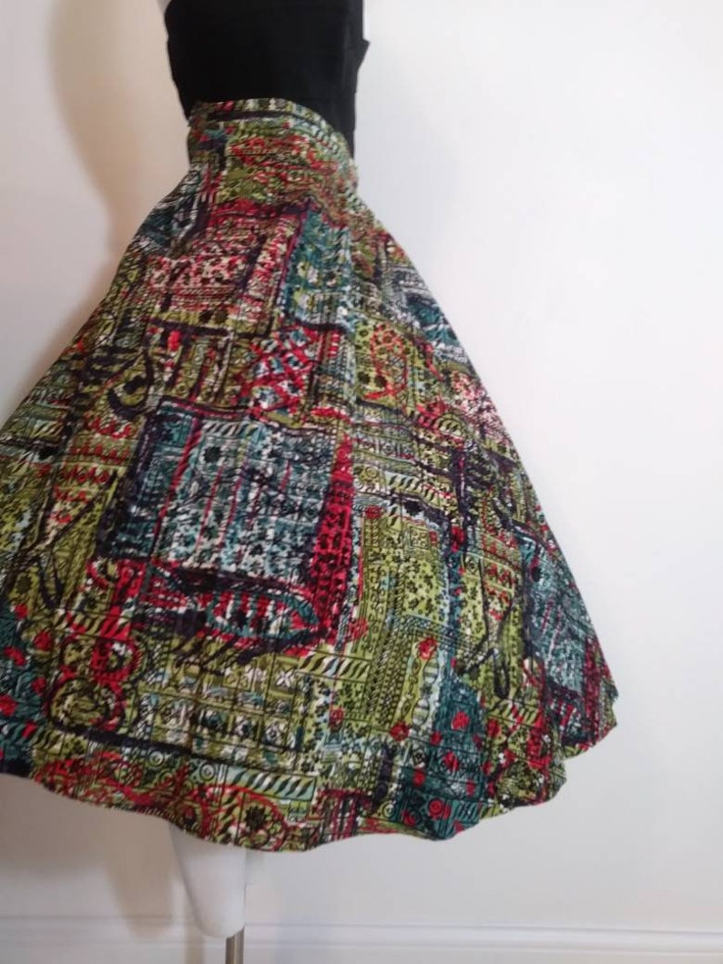 50s velvet print skirt 50s full skirt 50s Rockabilly 50s print skirt 50s hand painted skirt raised velvet pattern glitterngold
