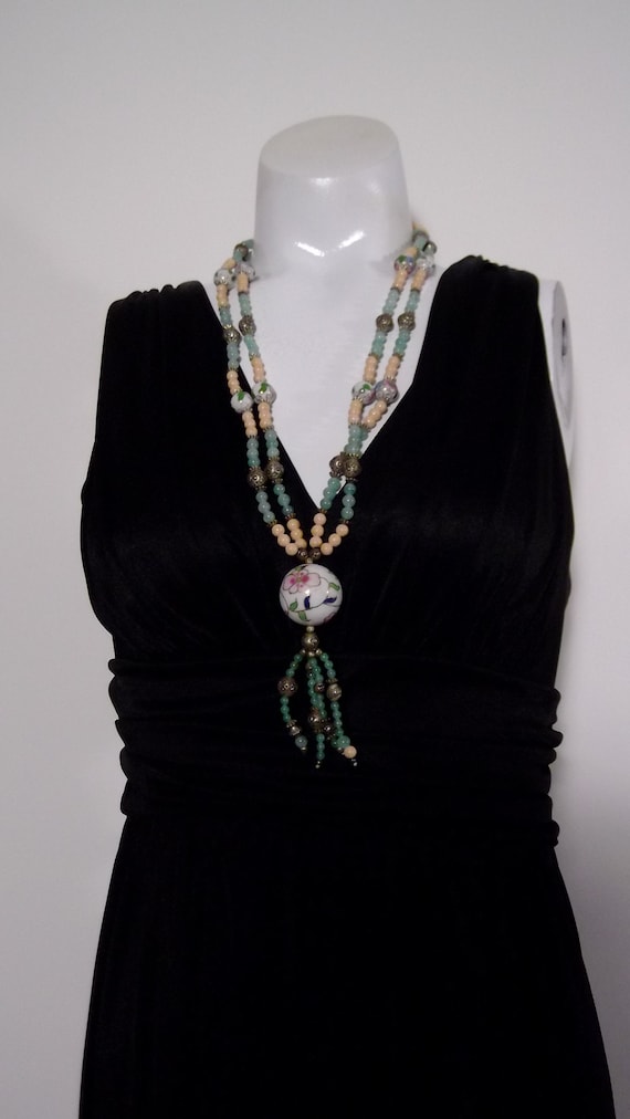 Vintage Cloisonné jade cortz bead necklace / large