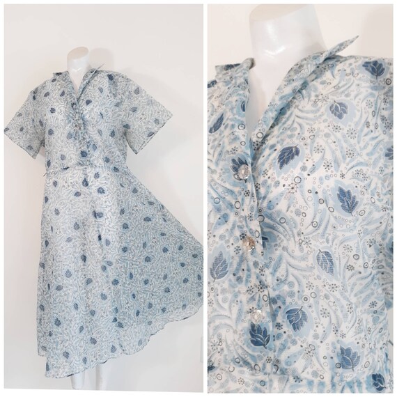 40s 50s sheer leaf print dress / 50s blue dress /