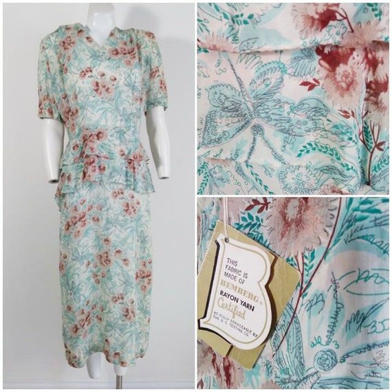 Vintage 40s peplum dress / 40s rayon butterfly flo