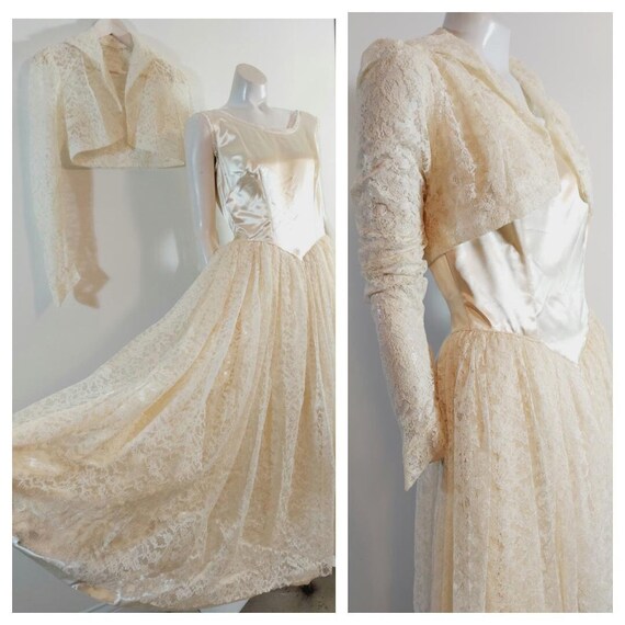 Vintage 40s 50s wedding gown dress / liquid satin… - image 1