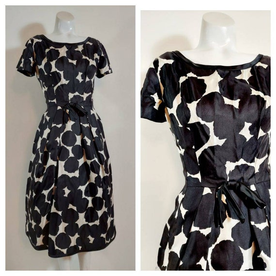 Vintage 50s black and white dress / 50s silk dres