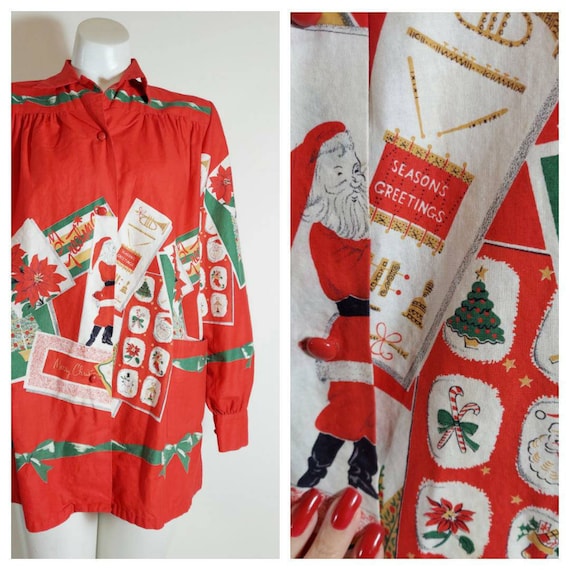 50s novelty print Christmas blouse / 50s cotton sh