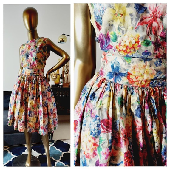 Vintage 50s 60s floral two piece / 50s silk skirt 