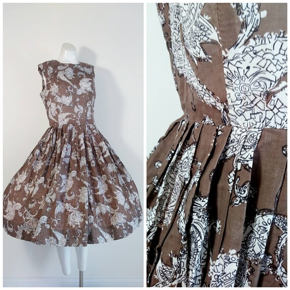 Vintage 50s novelty print dress / vintage pleated