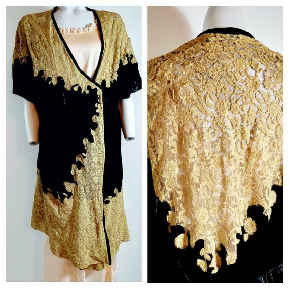 1920s 30s silk velvet robe wrap / 20s flapper lace