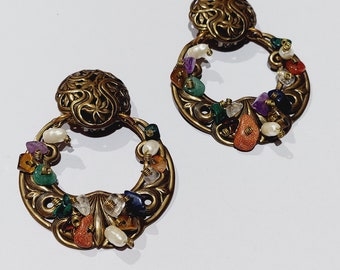 Vintage Marjorie Baer door knocker earrings / semi precious stone amethyst quartz pearls filigree / art nouveau earrings GlitterNGoldVintage