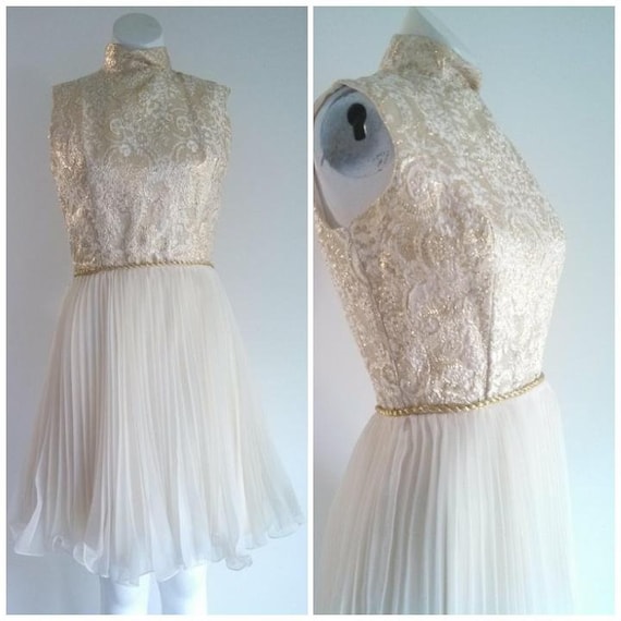 60s Chiffon Party Dress / vintage gold lame dress