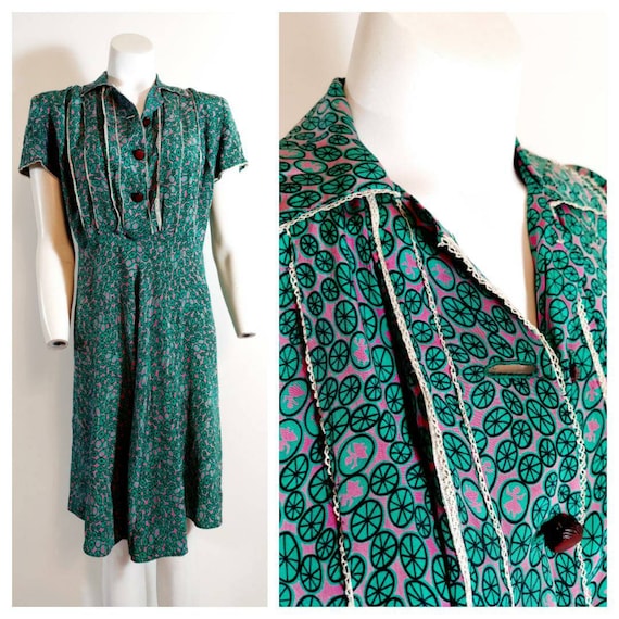 Vintage 30s 40s silk rayon dress / 40s novelty pri