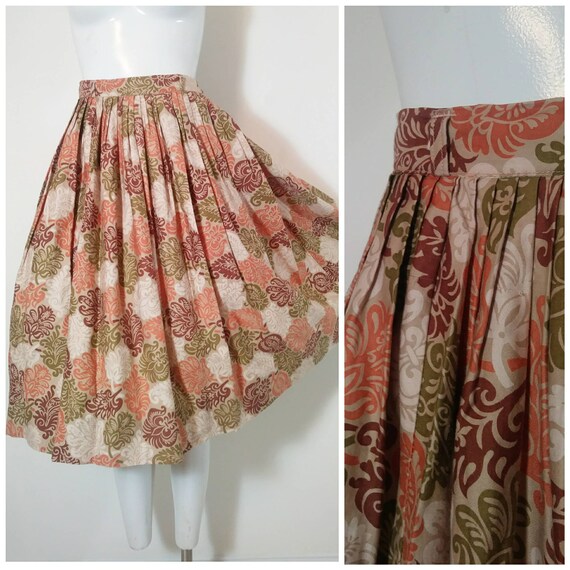 vintage 50s leaf print skirt / 50s pleated skirt /