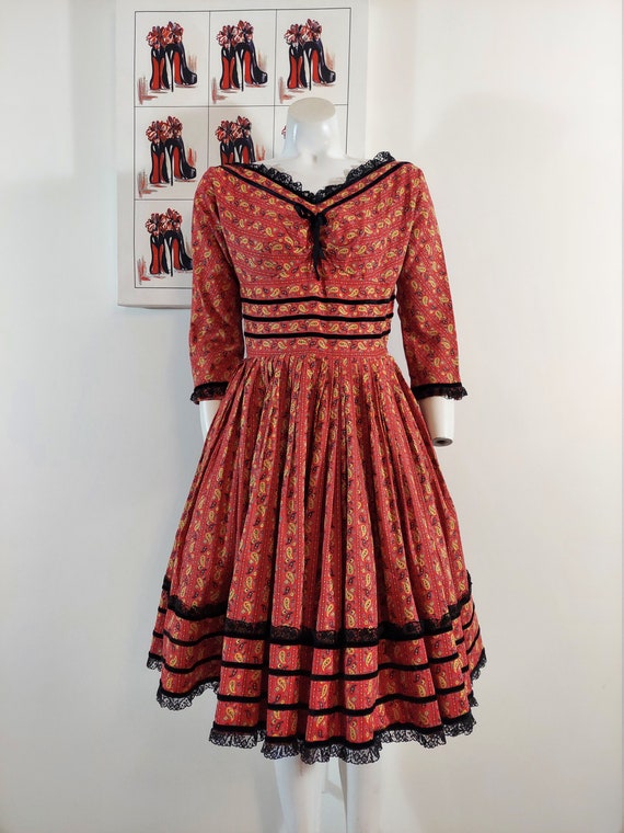 Vintage 50s fit and flare dress / 50s cotton dres… - image 10