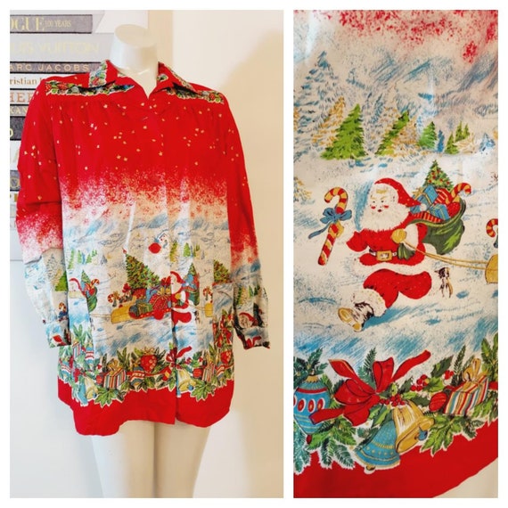 Vintage 50s novelty print Christmas blouse / 50s … - image 1