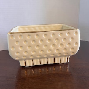 May include: A rectangular cream-colored ceramic planter featuring a raised polka dot pattern on the exterior walls. The top rim and the vertical fluted base are accented with a metallic gold trim, providing a distinct contrast to the off-white finish.