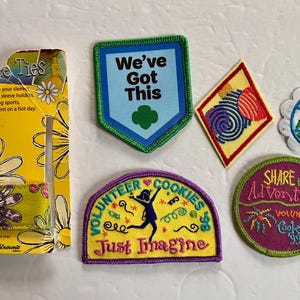 Peut inclure: Un ensemble d'&eacute;cussons et d'attaches de manches color&eacute;s. Les &eacute;cussons pr&eacute;sentent des textes tels que "We've Got This" et "Volunteer Cookies". Les attaches de manches sont jaunes avec des motifs de marguerites et du texte.