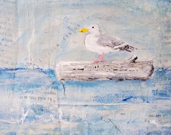 SEAGULL (gull) on a log - ART CARD - ecofriendly