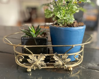 Vintage brass planter basket brass plant holder brass basket gold leaf basket