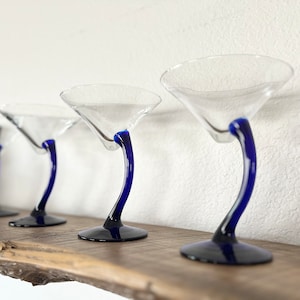 Vintage blue stem martini glasses / set of four 4/ cobalt blue barware /  cocktail glasses / 90s