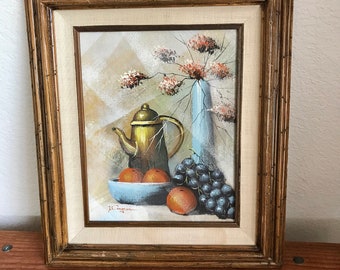 Vintage still life oil painting / original art / midcentury still life painting /framed  fruit still life