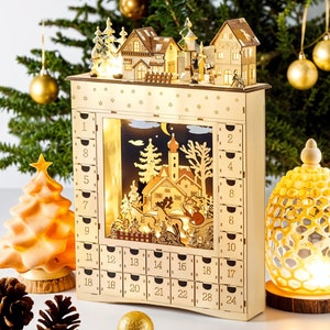 Village Wooden Advent Calendar for Holiday Decoration Christmas