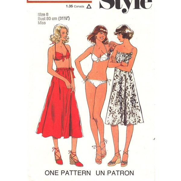 70s Bikini, Wrap Skirt Pattern Style 1930 Beach Skirt Cover-Up Dress, Halter Top Swimsuit Women Size 8 Vintage Sewing Pattern UNCUT