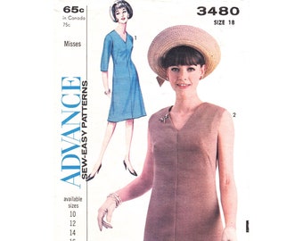 1960s Dress Pattern Advance 3480 V-Neck Seam Fitted Dress Women Bust 38 Size 18 Easy Vintage Sewing Pattern