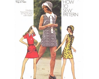 70s Mini Dress, Hot Pants & Hat Pattern Simplicity 9881 Junior Size 13 14 Vintage Sewing Pattern UNCUT