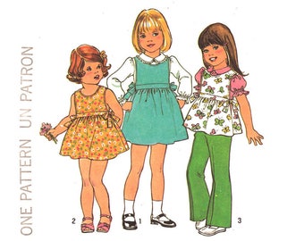 Girls Jumper, Dress, Top, Blouse Sewing Pattern Simplicity 7458 Side Tie Dress, Puff Sleeve Blouse Peter Pan Collar Size 5 Pattern UNCUT