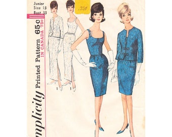 60s Slim Dress, Jacket Pattern Simplicity 5658 Strapless Low Back Evening Gown, Junior Size 13 Bust 33 Vintage Sewing Pattern for Women