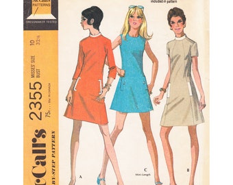 70s A-Line Dress Pattern McCall's 2355 Vintage Mini Dress, Sleeveless, Short or 3/4 Sleeves Women Size 10 Sewing Pattern