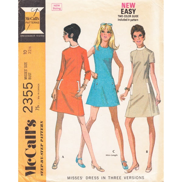 70s A-Line Dress Pattern McCall's 2355 Vintage Mini Dress, Sleeveless, Short or 3/4 Sleeves Women Size 10 Sewing Pattern