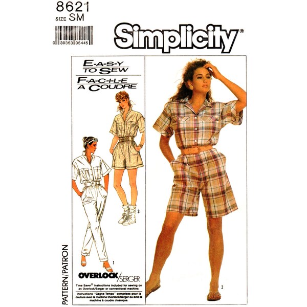 1980s Jumpsuit Pattern Romper Pattern Simplicity 8621 Loose Fit Coveralls Jumpsuit or Playsuit Button Front Womens Sewing Pattern Size 10 12