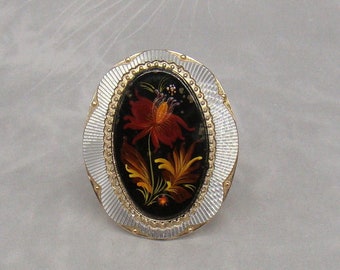 Vintage Brooch Floral Brooch Beautifully Detailed Hand Painted - Metal Edge & Signed on Back