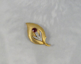 Vintage JJ Leaf with Amazing Red Rhinestone Vintage Brooch Quality Pin Jonette PLUS a Bonus!