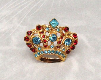 Crown Brooch Classic Red and Blue Rhinestones Royal Vintage Pin - PLUS a Bonus!