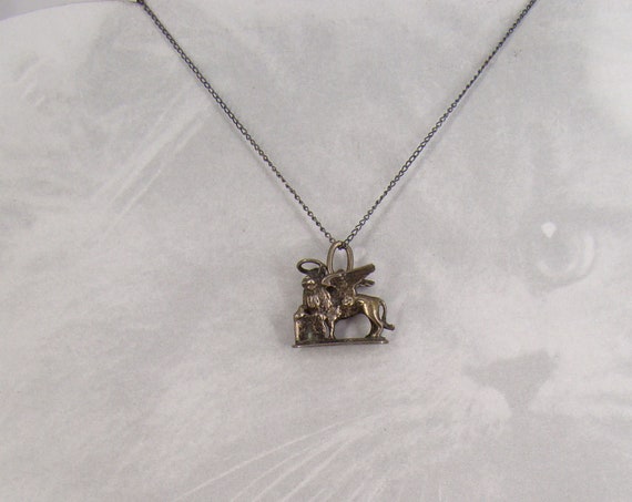 Winged Lion Pendant Very Old Silver Necklace Sain… - image 3