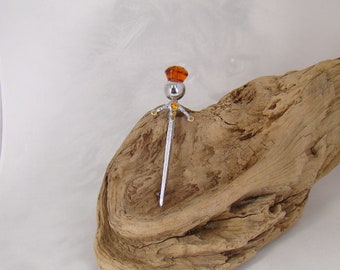 Traditional Sword Orange Glass Thistle Brooch Vintage Scottish Silver Tone Beauty PLUS a Bonus! - C8