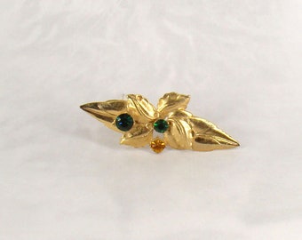 Leaf Brooch Vintage Large Design Bold and Beautiful Green & Gold Rhinestones - PLUS a Bonus!