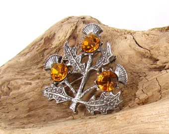 Miracle Signed Three Thistle Gold Rhinestone Brooch Vintage Celtic Scottish Designed Jewellery Brooch