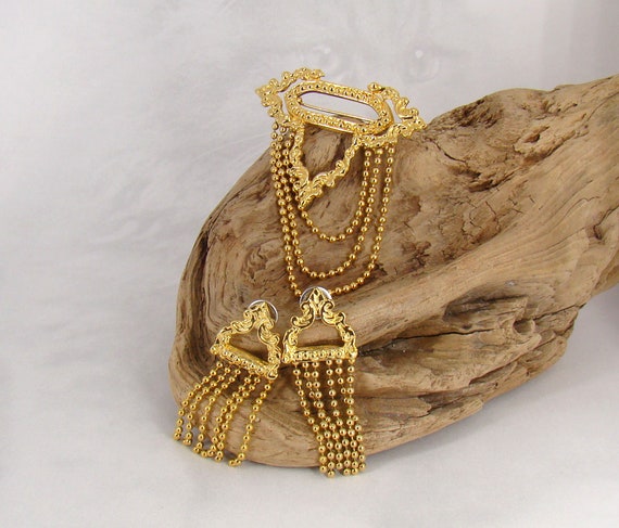 Chain Brooch Earring Set Crazy 1980's Jewelry Cha… - image 1