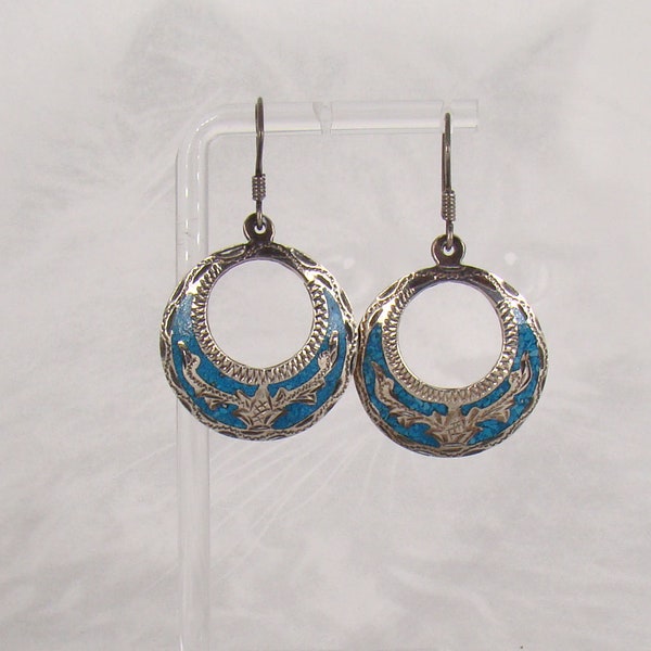 Sterling Silver Turquoise Earrings Signed .925 Mex GM-10 Artisan Guadalajara Bevel Cut Pierced Drop Earrings - 20  :)