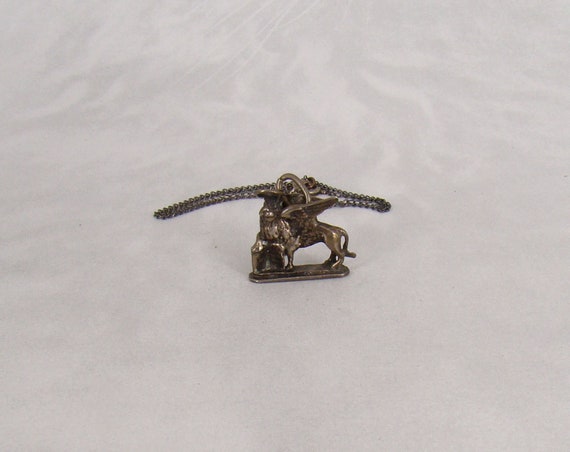 Winged Lion Pendant Very Old Silver Necklace Sain… - image 2
